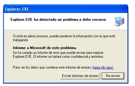 Explorer.EXE ha detectado un problema y debe cerrarse Explorer.EXE ha detectado un problema y debe cerrarse