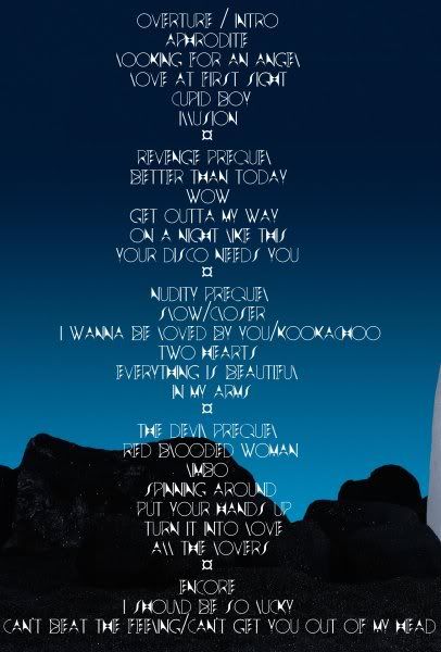 kylie minogue les folies tour setlist. about the setlist yet.