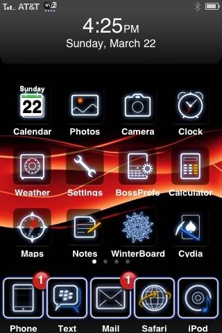 Anyways, Blackberry iBold theme from Cydia, with Transparent Dock and 5-icon 
